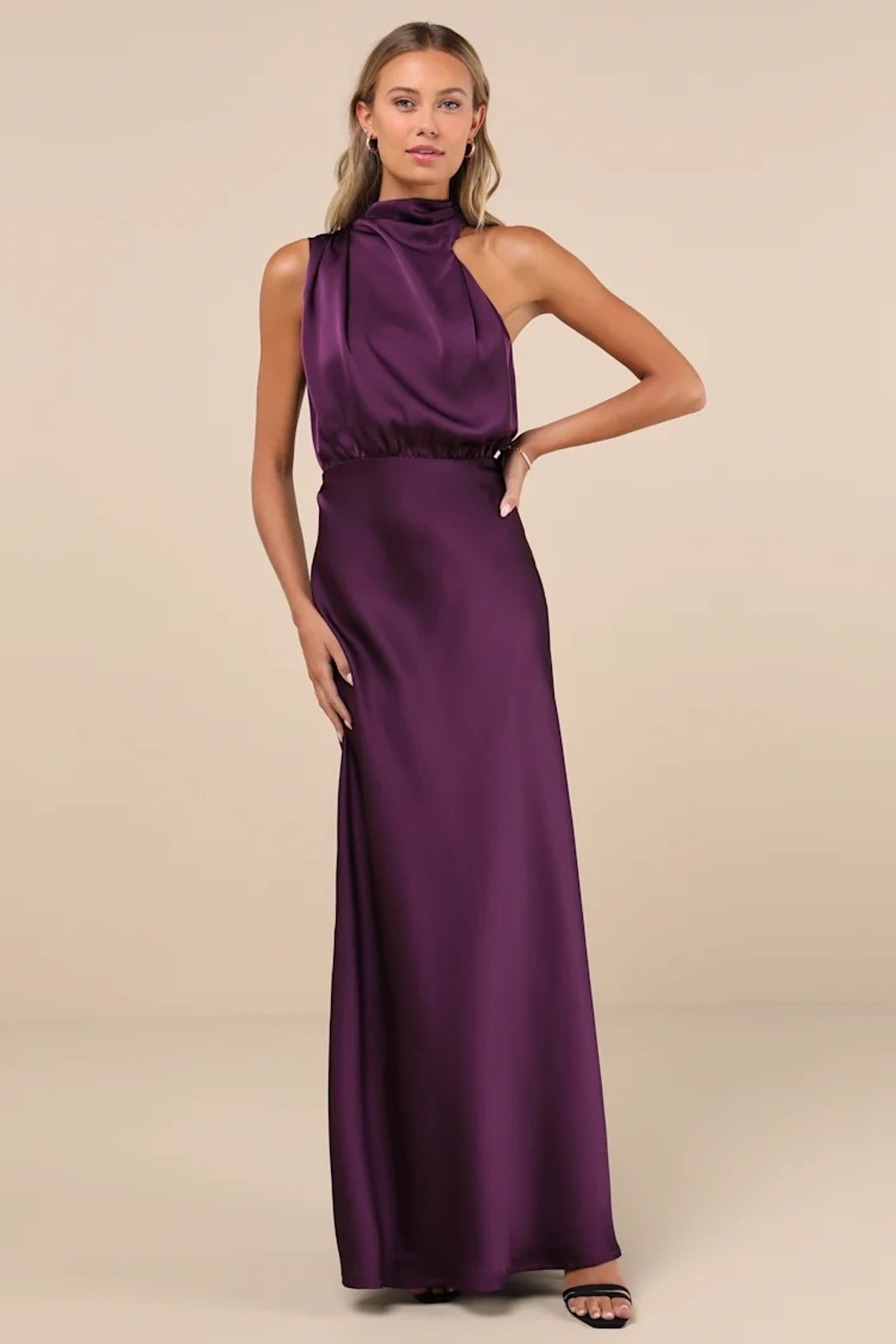 Nwt Lulus Distinctive Charm Purple Satin Asymmetrical Maxi Dress Bridesmaid Sz S